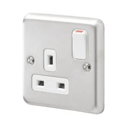 MK Contoura 13A 1-Gang DP Switched Plug Socket Brushed Stainless Steel With White Inserts