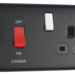 British General Nexus Metal 45A 2-Gang DP Cooker Switch & 13A DP Switched Socket Matt Black With LED With Black Inserts