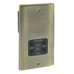 British General Nexus Metal 2-Gang Dual Voltage Shaver Socket 115 / 240V Antique Brass With Black Inserts -British General Shop 47757 A2