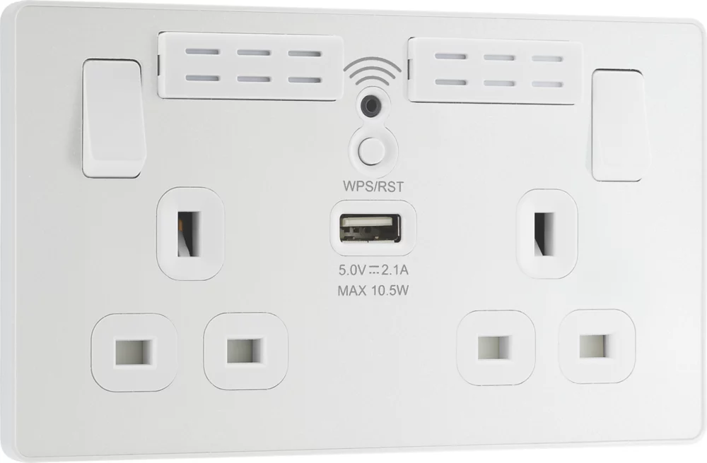 British General Evolve 13A 2-Gang SP Switched Double Socket With WiFi Extender + 2.1A 1-Outlet Type A USB Charger White With White Inserts 4 British General Evolve 13A 2-Gang SP Switched Double Socket With WiFi Extender + 2.1A 1-Outlet Type A USB Charger White With White Inserts - Image 2