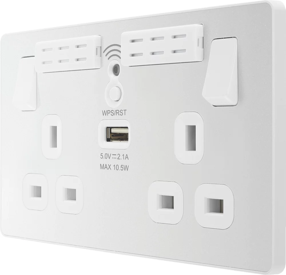 British General Evolve 13A 2-Gang SP Switched Double Socket With WiFi Extender + 2.1A 1-Outlet Type A USB Charger White With White Inserts 3 British General Evolve 13A 2-Gang SP Switched Double Socket With WiFi Extender + 2.1A 1-Outlet Type A USB Charger White With White Inserts