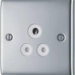 British General Nexus Metal 5A 1-Gang Unswitched Round Pin Socket Polished Chrome With White Inserts