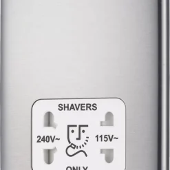 British General Nexus Metal 1-Gang Dual Voltage Shaver Socket 115/240V Brushed Steel With White Inserts