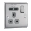 British General Nexus Metal 13A 1-Gang SP Switched Socket + 2.1A 2-Outlet Type A USB Charger Brushed Steel With Graphite Inserts -British General Shop 4846R P