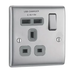 British General Nexus Metal 13A 1-Gang SP Switched Socket + 2.1A 2-Outlet Type A USB Charger Brushed Steel With Graphite Inserts