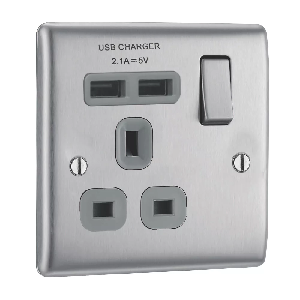 British General Nexus Metal 13A 1-Gang SP Switched Socket + 2.1A 2-Outlet Type A USB Charger Brushed Steel With Graphite Inserts 3 British General Nexus Metal 13A 1-Gang SP Switched Socket + 2.1A 2-Outlet Type A USB Charger Brushed Steel With Graphite Inserts