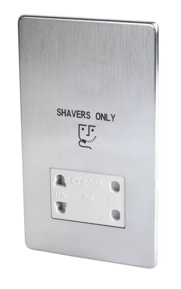 Crabtree Platinum 2-Gang Dual Voltage Shaver Socket 115 / 230V Satin Chrome With White Inserts 3 Crabtree Platinum 2-Gang Dual Voltage Shaver Socket 115 / 230V Satin Chrome With White Inserts