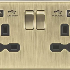 Knightsbridge CS9224AB 13A 2-Gang SP Switched Socket + 2.4A 2-Outlet Type A USB Charger Antique Brass With Black Inserts