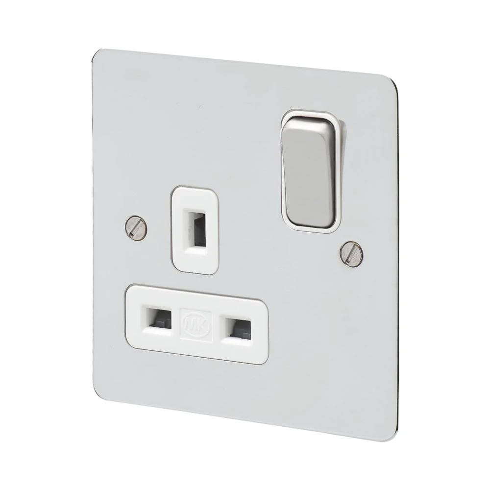 MK Edge 13A 1-Gang DP Switched Plug Socket Polished Chrome With White Inserts 3 MK Edge 13A 1-Gang DP Switched Plug Socket Polished Chrome With White Inserts