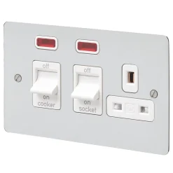 MK Edge 45A 2-Gang DP Cooker Switch & 13A DP Switched Socket Polished Chrome With Neon With White Inserts
