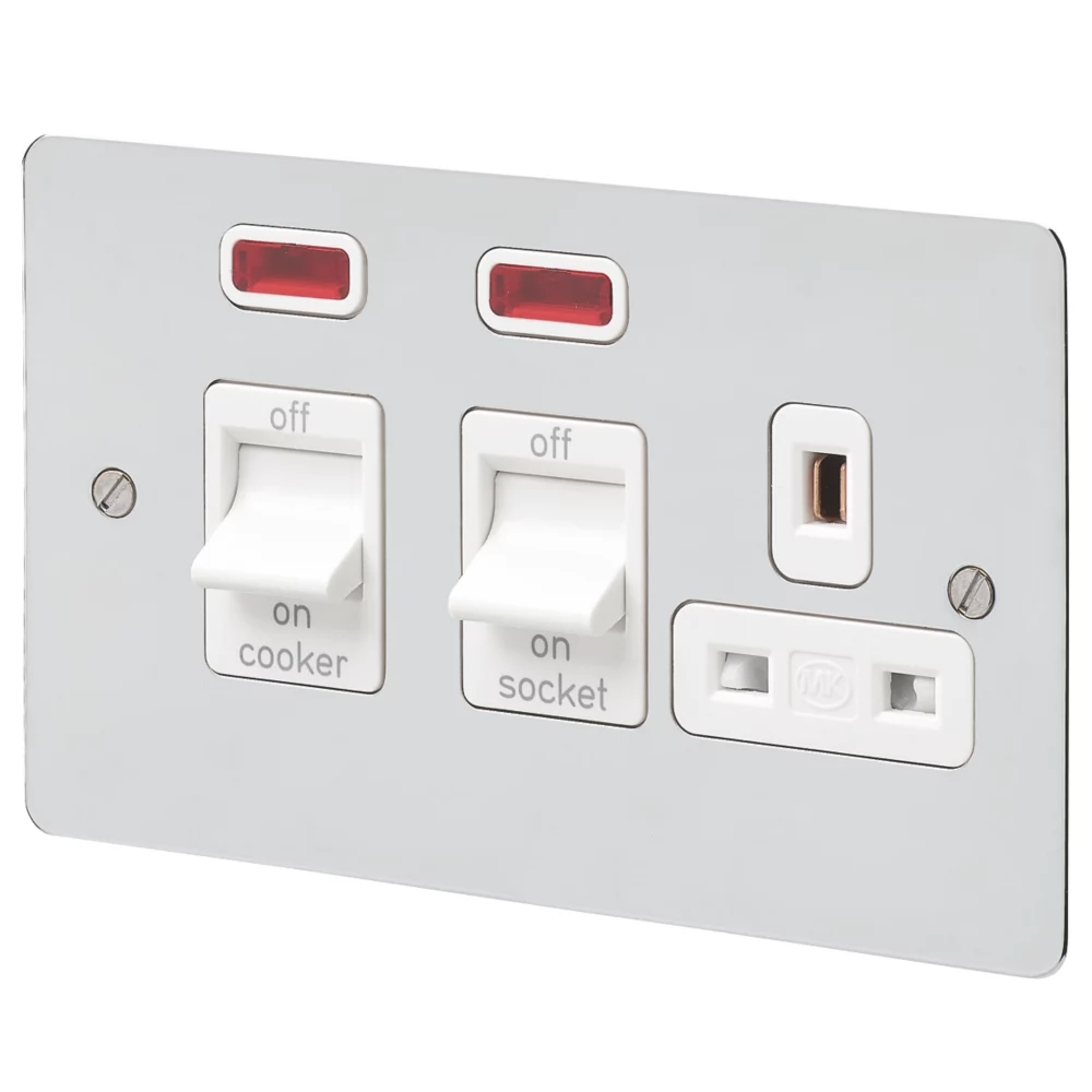 MK Edge 45A 2-Gang DP Cooker Switch & 13A DP Switched Socket Polished Chrome With Neon With White Inserts 3 MK Edge 45A 2-Gang DP Cooker Switch & 13A DP Switched Socket Polished Chrome With Neon With White Inserts
