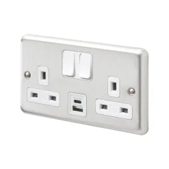MK Contoura 13A 2-Gang DP Switched Socket + 3A 2-Outlet Type A & C USB Charger Brushed Stainless Steel With White Inserts