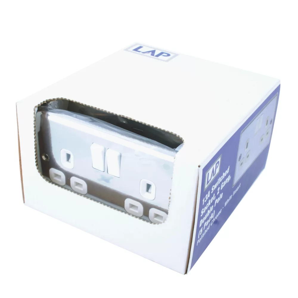 LAP 13A 2-Gang SP Switched Plug Socket Polished Chrome With White Inserts 5 Pack 7 LAP 13A 2-Gang SP Switched Plug Socket Polished Chrome With White Inserts 5 Pack - Image 5
