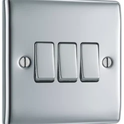 British General Nexus Metal 10AX 3-Gang 2-Way Light Switch Polished Chrome -British General Shop 495FT A2