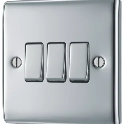 British General Nexus Metal 10AX 3-Gang 2-Way Light Switch Polished Chrome