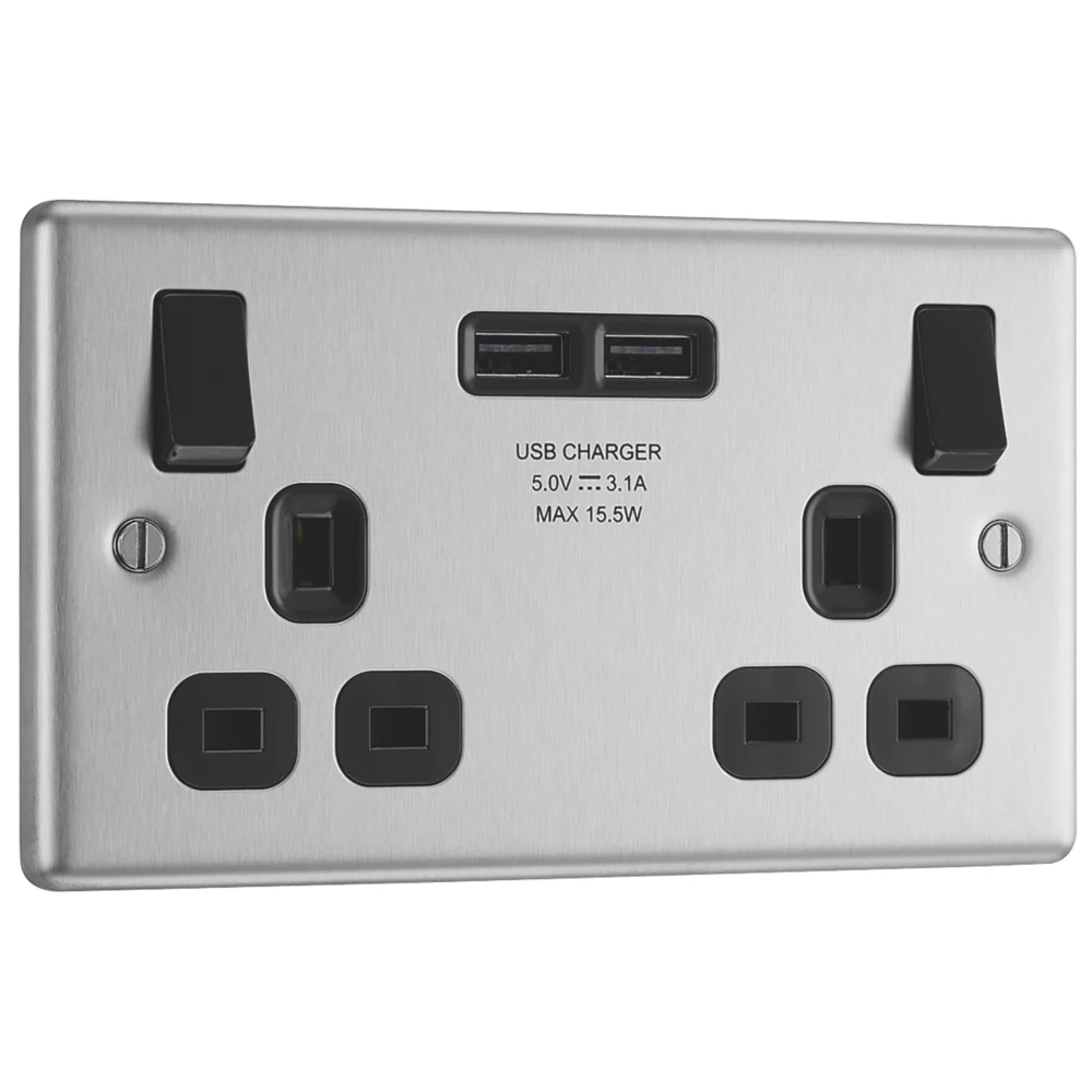 LAP 13A 2-Gang SP Switched Socket + 3.1A 2-Outlet Type A USB Charger Brushed Stainless Steel With Black Inserts 4 LAP 13A 2-Gang SP Switched Socket + 3.1A 2-Outlet Type A USB Charger Brushed Stainless Steel With Black Inserts - Image 2