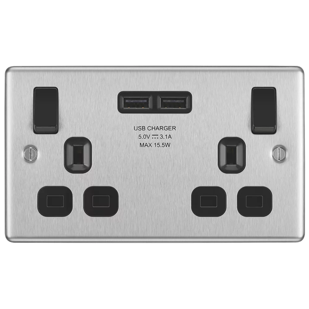 LAP 13A 2-Gang SP Switched Socket + 3.1A 2-Outlet Type A USB Charger Brushed Stainless Steel With Black Inserts 5 LAP 13A 2-Gang SP Switched Socket + 3.1A 2-Outlet Type A USB Charger Brushed Stainless Steel With Black Inserts - Image 3