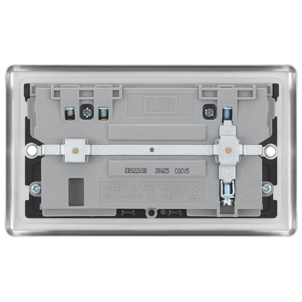 LAP 13A 2-Gang SP Switched Socket + 3.1A 2-Outlet Type A USB Charger Brushed Stainless Steel With Black Inserts 6 LAP 13A 2-Gang SP Switched Socket + 3.1A 2-Outlet Type A USB Charger Brushed Stainless Steel With Black Inserts - Image 4
