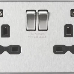 Knightsbridge SFR9224BC 13A 2-Gang SP Switched Socket + 2.4A 2-Outlet Type A USB Charger Brushed Chrome With Black Inserts