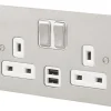 MK Edge 13A 2-Gang DP Switched Socket + 2A 2-Outlet Type A USB Charger Brushed Stainless Steel With White Inserts 2 MK Edge 13A 2-Gang DP Switched Socket + 2A 2-Outlet Type A USB Charger Brushed Stainless Steel With White Inserts -British General Shop 507HX P