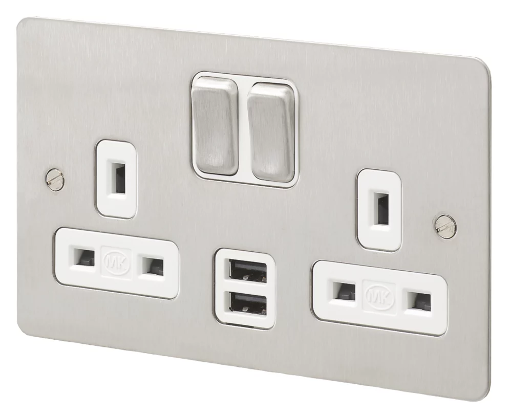 MK Edge 13A 2-Gang DP Switched Socket + 2A 2-Outlet Type A USB Charger Brushed Stainless Steel With White Inserts 3 MK Edge 13A 2-Gang DP Switched Socket + 2A 2-Outlet Type A USB Charger Brushed Stainless Steel With White Inserts