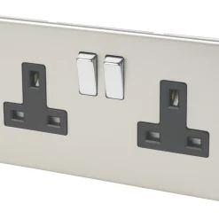 Varilight 13AX 2-Gang DP Switched Plug Socket Satin Chrome With Black Inserts