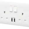 MK Base 13A 2-Gang SP Switched Socket + 2.4A 2-Outlet Type A USB Charger White With White Inserts -British General Shop 521PF P