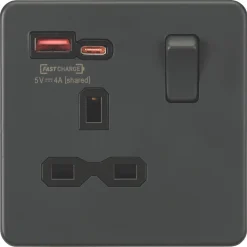 Knightsbridge SFR9919AT 13A 1-Gang SP Switched Socket + 4.0A 2-Outlet Type A & C USB Charger Anthracite With Black Inserts