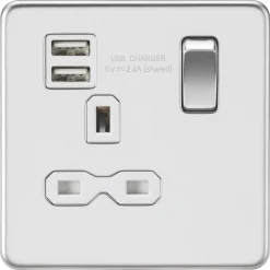 Knightsbridge SFR9124PCW 13A 1-Gang SP Switched Socket + 2.1A 2-Outlet Type A USB Charger Polished Chrome With White Inserts