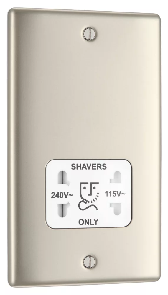 British General Nexus Metal 2-Gang Dual Voltage Shaver Socket 115/240V Pearl Nickel With White Inserts 4 British General Nexus Metal 2-Gang Dual Voltage Shaver Socket 115/240V Pearl Nickel With White Inserts - Image 2