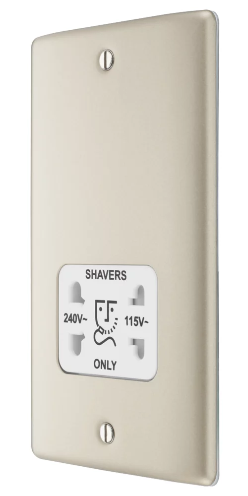 British General Nexus Metal 2-Gang Dual Voltage Shaver Socket 115/240V Pearl Nickel With White Inserts 3 British General Nexus Metal 2-Gang Dual Voltage Shaver Socket 115/240V Pearl Nickel With White Inserts