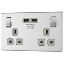 LAP 13A 2-Gang DP Switched Socket + 3.1A 2-Outlet Type A USB Charger Brushed Stainless Steel With Graphite Inserts