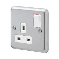 MK Albany Plus 13A 1-Gang DP Switched Plug Socket Brushed Chrome With White Inserts