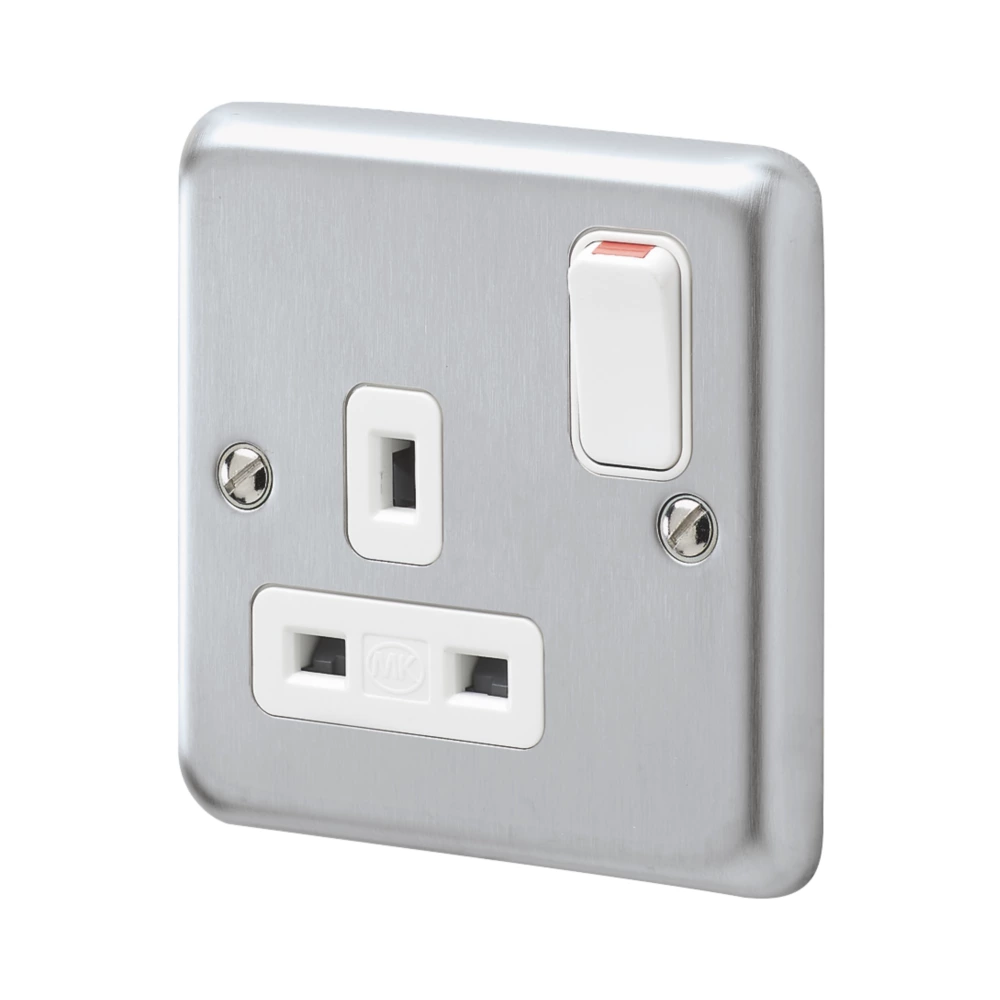 MK Albany Plus 13A 1-Gang DP Switched Plug Socket Brushed Chrome With White Inserts 3 MK Albany Plus 13A 1-Gang DP Switched Plug Socket Brushed Chrome With White Inserts
