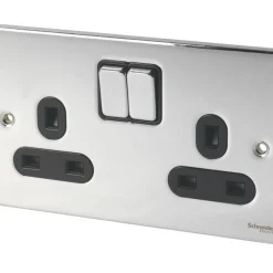 Schneider Electric Ultimate Low Profile 13A 2-Gang SP Switched Plug Socket Polished Chrome With Black Inserts