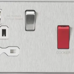 Knightsbridge SFR8333UBCW 45 & 13A 1-Gang DP Cooker Switch & 13A DP Switched Socket + 2.4A 2-Outlet Type A USB Charger Brushed Chrome With White Inserts
