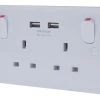 Schneider Electric Lisse 2.1A 2-Gang SP Switched Socket + 2.1A 2-Outlet Type A USB Charger White -British General Shop 5429J P
