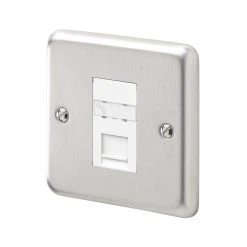 MK Contoura Master Telephone Socket Brushed Stainless Steel With White Inserts
