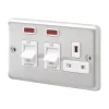 MK Contoura 45A 2-Gang DP Cooker Switch & 13A DP Switched Socket Brushed Stainless Steel With Neon With White Inserts