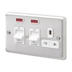 MK Contoura 45A 2-Gang DP Cooker Switch & 13A DP Switched Socket Brushed Stainless Steel With Neon With White Inserts