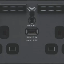 British General Evolve 13A 2-Gang SP Switched Double Socket With WiFi Extender + 2.1A 1-Outlet Type A USB Charger Grey With Black Inserts -British General Shop 547RF A2
