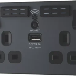 British General Evolve 13A 2-Gang SP Switched Double Socket With WiFi Extender + 2.1A 1-Outlet Type A USB Charger Grey With Black Inserts -British General Shop 547RF A3
