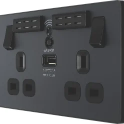 British General Evolve 13A 2-Gang SP Switched Double Socket With WiFi Extender + 2.1A 1-Outlet Type A USB Charger Grey With Black Inserts