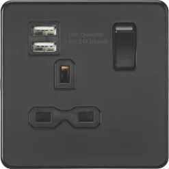 Knightsbridge SFR9124MBB 13A 1-Gang SP Switched Socket + 2.4A 2-Outlet Type A USB Charger Matt Black With Black Inserts