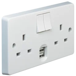 Crabtree Capital 13A 2-Gang DP Switched Socket + 2.1A 2-Outlet Type A USB Charger White -British General Shop 5506V A2