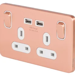 Schneider Electric Lisse Deco 13A 2-Gang SP Switched Socket + 2.1A 2-Outlet Type A USB Charger Copper With White Inserts