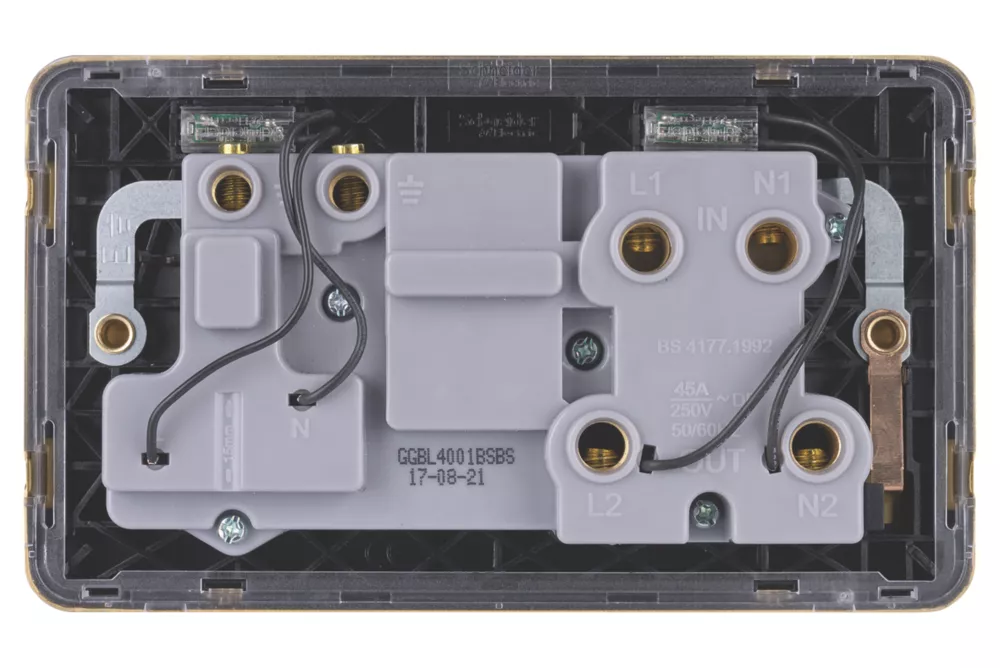 Schneider Electric Lisse Deco 45A 2-Gang DP Cooker Switch & 13A DP Switched Socket Satin Brass With LED With Black Inserts 6 Schneider Electric Lisse Deco 45A 2-Gang DP Cooker Switch & 13A DP Switched Socket Satin Brass With LED With Black Inserts - Image 4