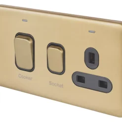 Schneider Electric Lisse Deco 45A 2-Gang DP Cooker Switch & 13A DP Switched Socket Satin Brass With LED With Black Inserts