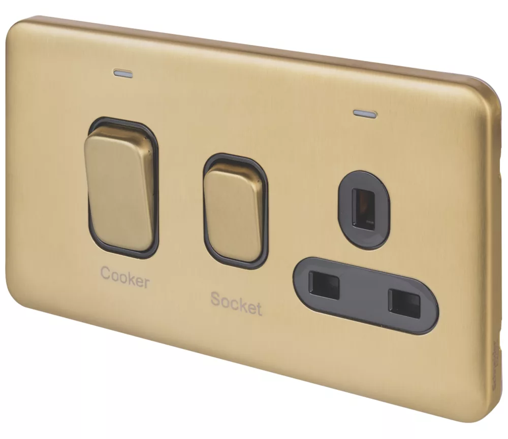 Schneider Electric Lisse Deco 45A 2-Gang DP Cooker Switch & 13A DP Switched Socket Satin Brass With LED With Black Inserts 3 Schneider Electric Lisse Deco 45A 2-Gang DP Cooker Switch & 13A DP Switched Socket Satin Brass With LED With Black Inserts