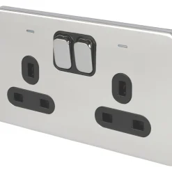 Schneider Electric Lisse Deco 13A 2-Gang DP Switched Plug Socket Polished Chrome With LED With Black Inserts